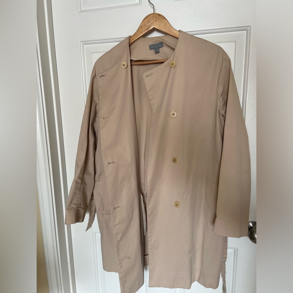 Beige COS collarless cotton trench coat, size 36, us 6
